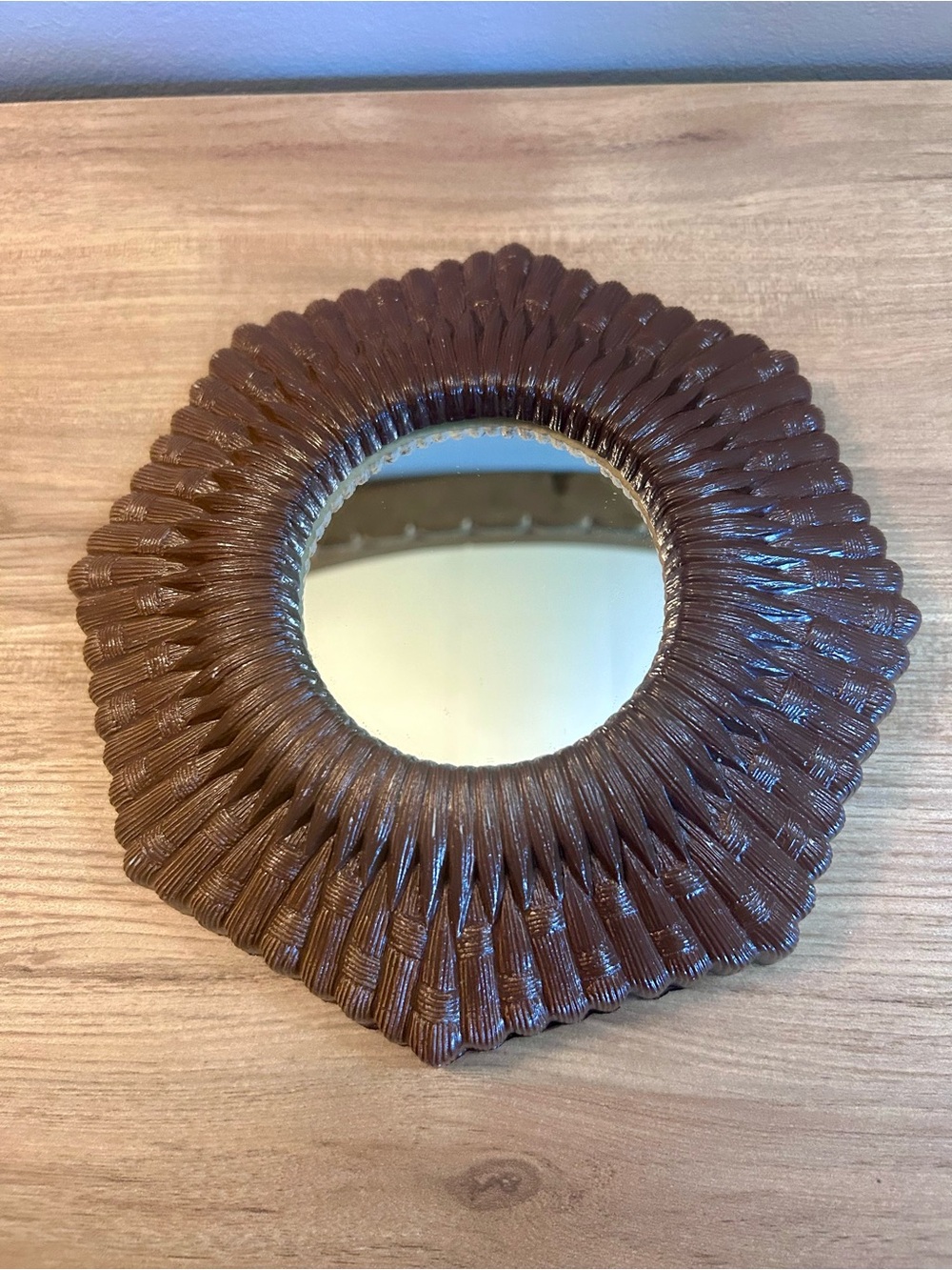 Vintage Brown Woven-Style Round Accent Mirror